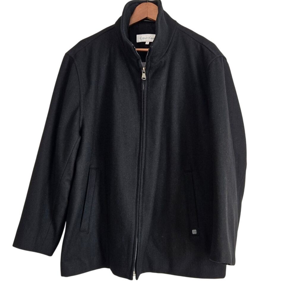 Calvin Klein Classic City Sleek Black Zip‑Front Lana Wool Blend Heavy Coat Large